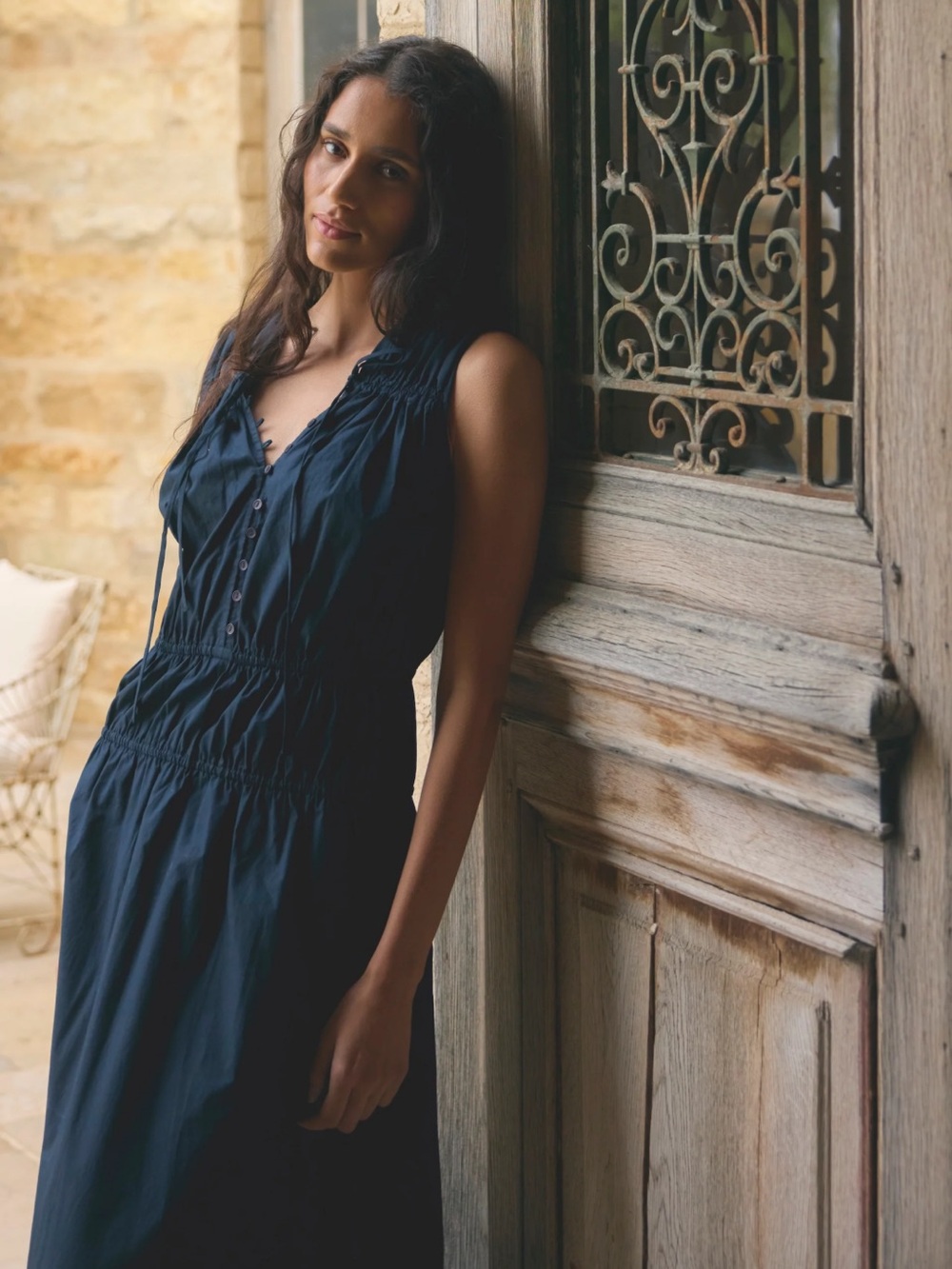Modern Citizen Iga Gathered Orfanoc Cotton Navy Maxi Dress Size XS NWT - Picture 7 of 9